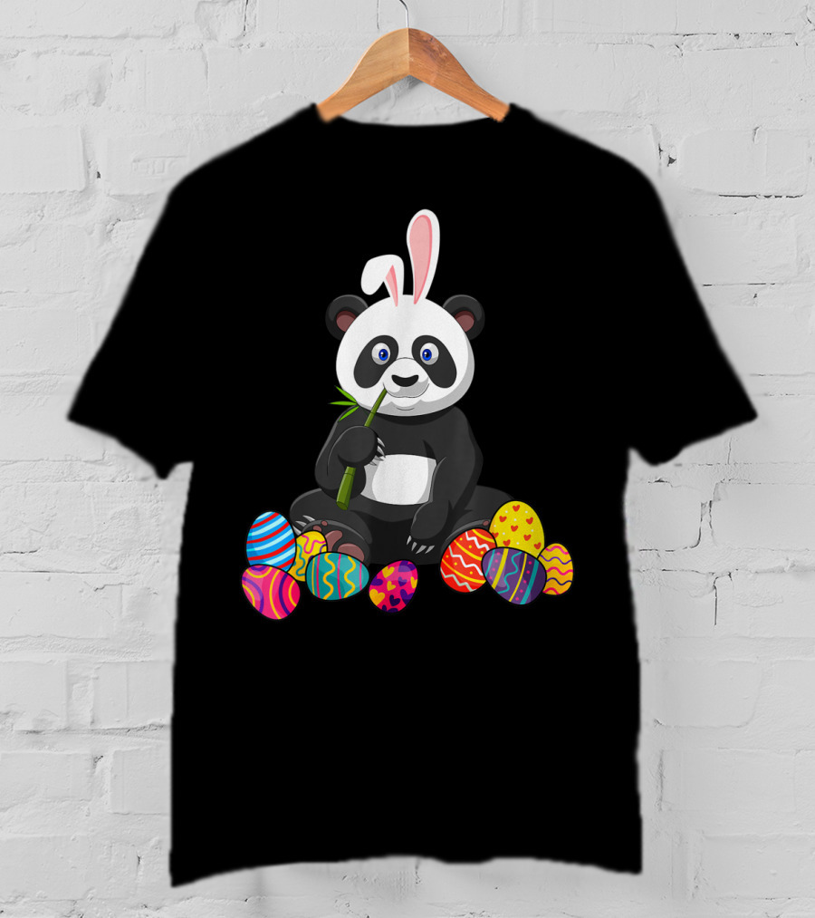 Panda Bunny Ear Eating Bamboo With Colorful Easter Eggs T-Shirt