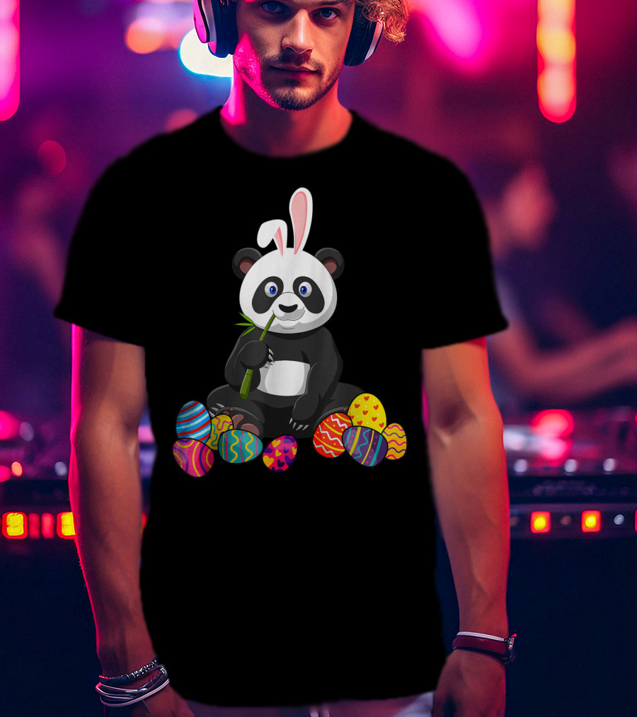 Panda Bunny Ear Eating Bamboo With Colorful Easter Eggs T-Shirt