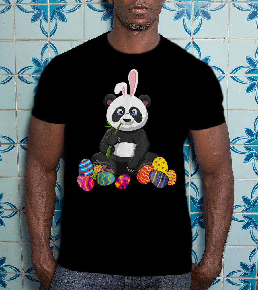 Panda Bunny Ear Eating Bamboo With Colorful Easter Eggs T-Shirt