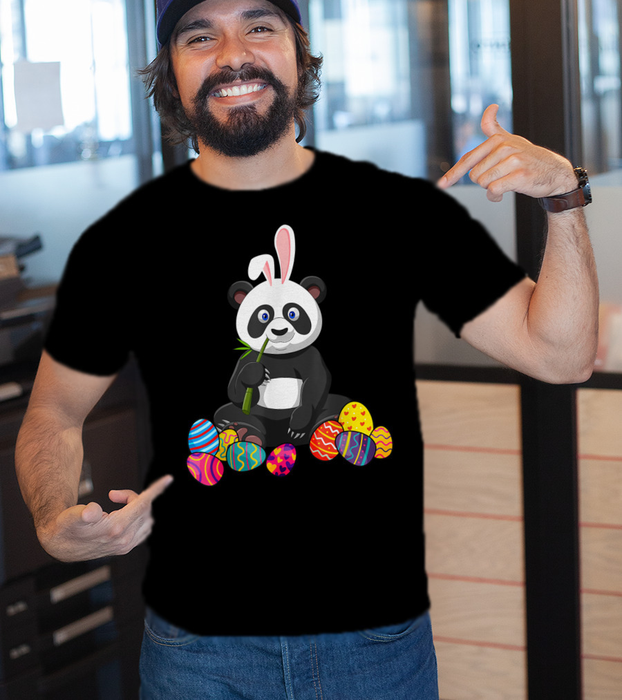 Panda Bunny Ear Eating Bamboo With Colorful Easter Eggs T-Shirt