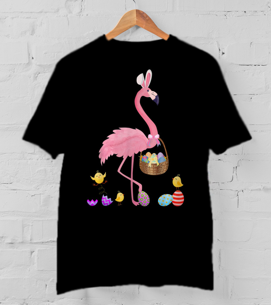 Pretty Easter Flamingo With Basket And Colorful Eggs T-Shirt