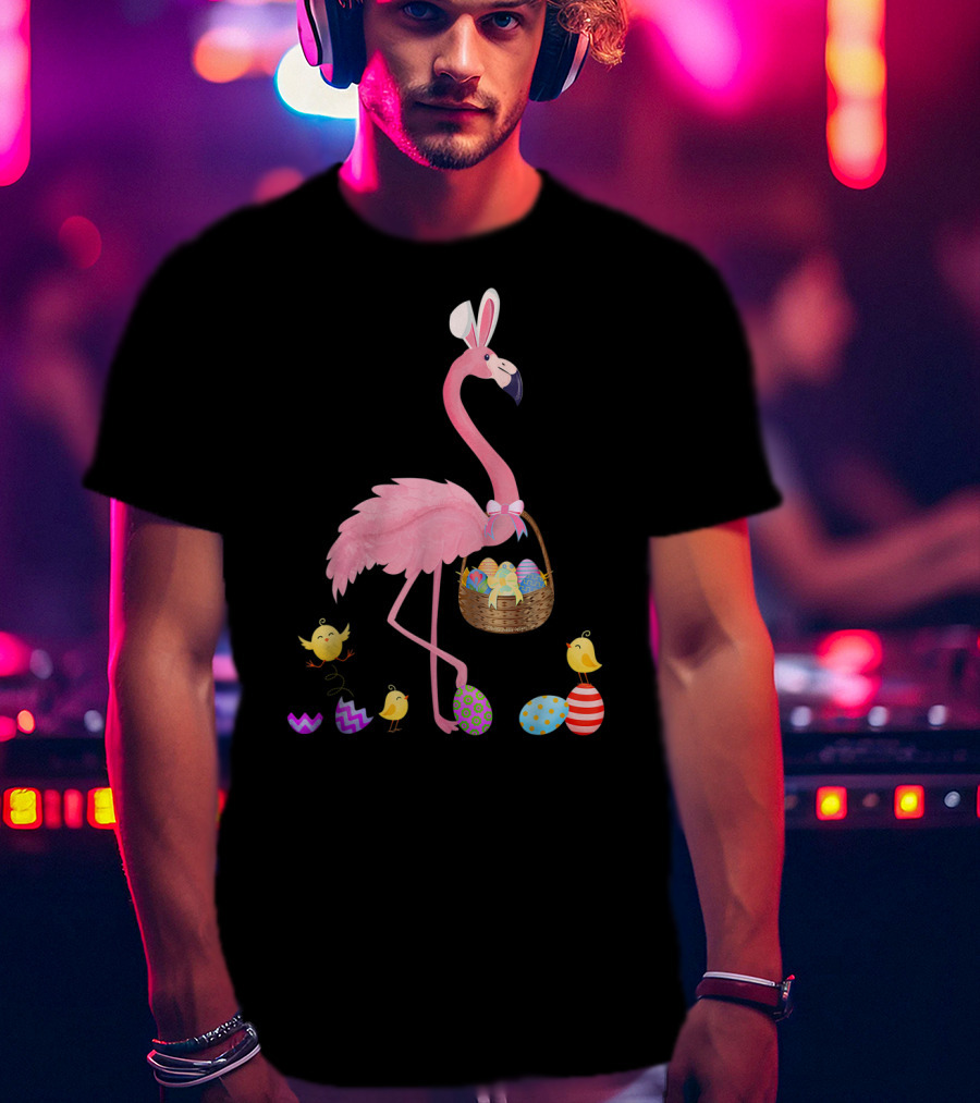 Pretty Easter Flamingo With Basket And Colorful Eggs T-Shirt