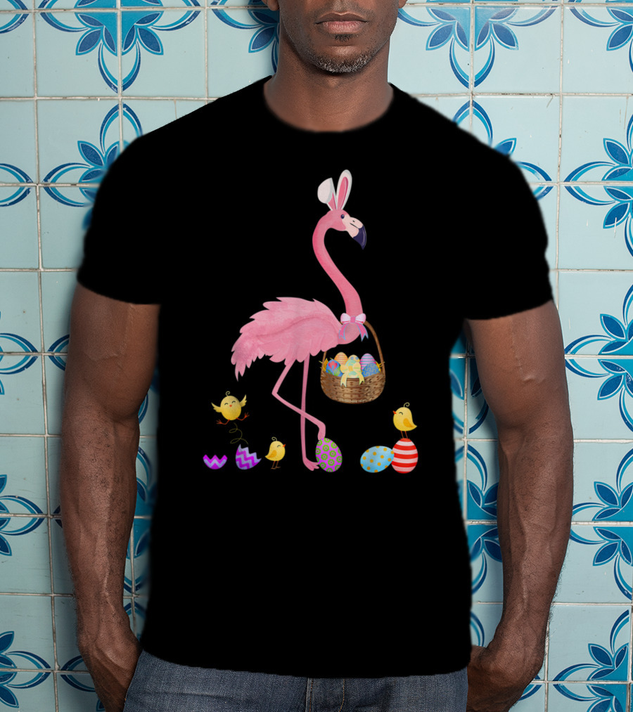 Pretty Easter Flamingo With Basket And Colorful Eggs T-Shirt
