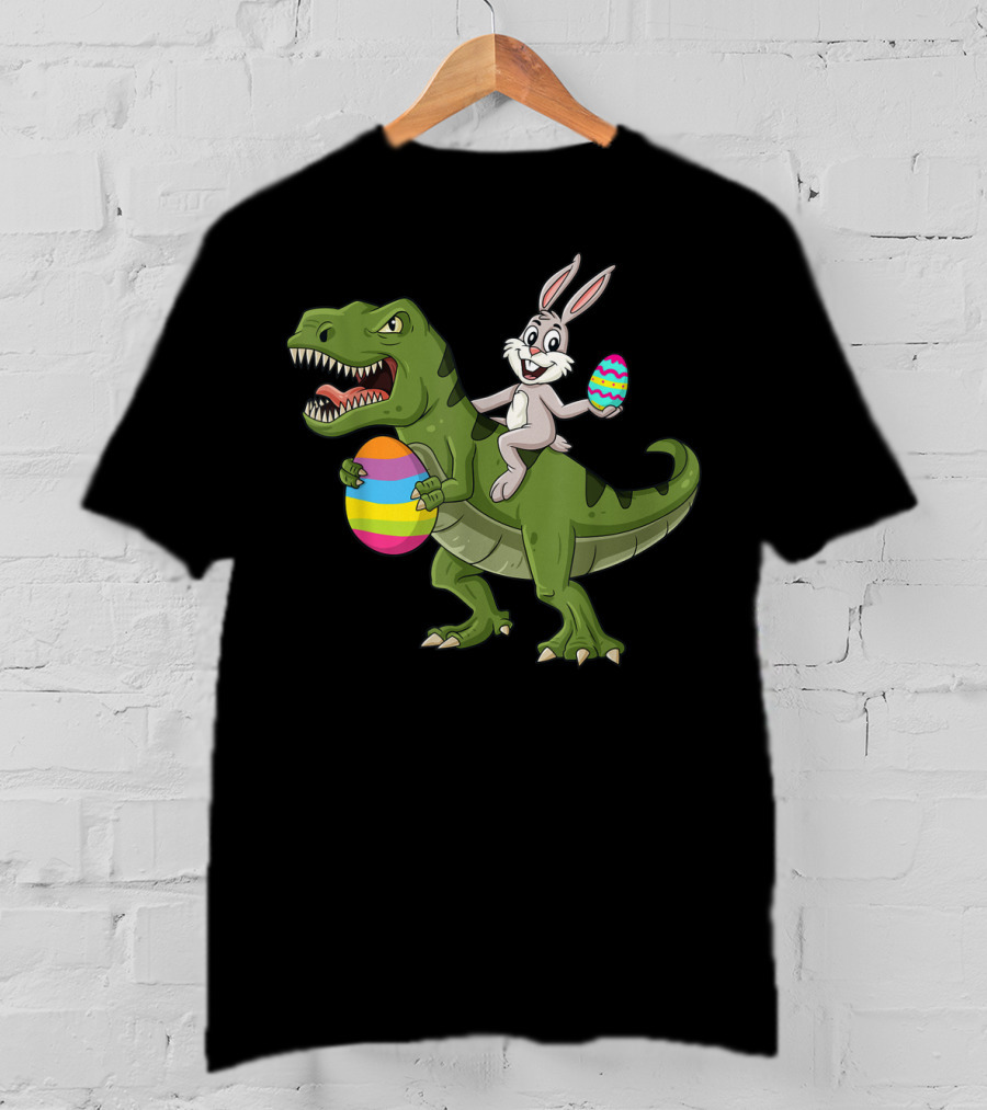 Rabbit On Dinosaur Holding Colorful Easter Eggs T-Shirt