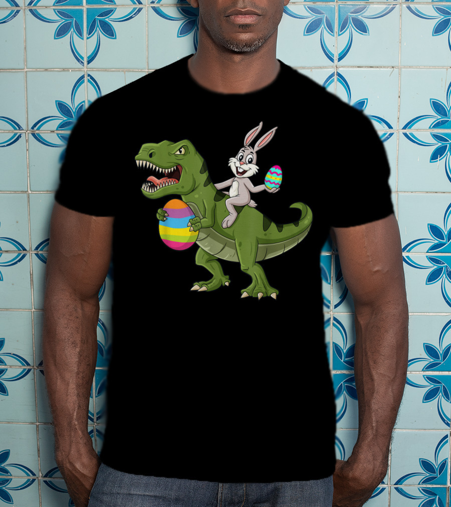 Rabbit On Dinosaur Holding Colorful Easter Eggs T-Shirt