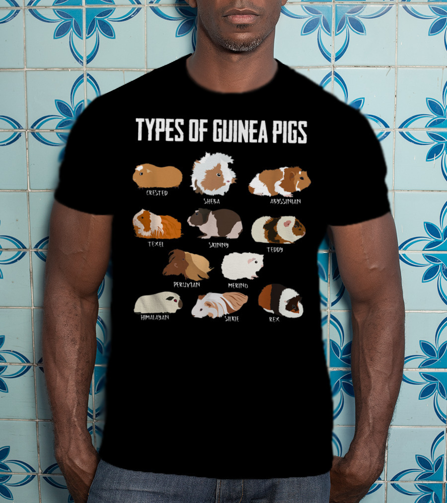 Types Of Guinea Pigs Crested Sheba Abyssinian Texel Skinny Teddy Peruvian Merino Himalayan Silkie Rex T-Shirt