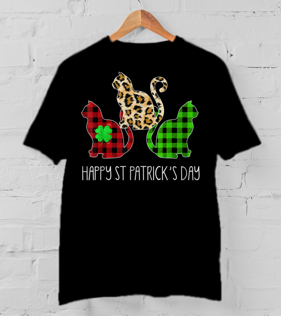 Happy St Patrick’s Day Leopard Buffalo Plaid Cat Trio T-Shirt