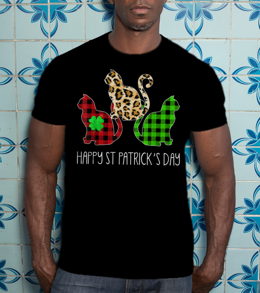 Happy St Patrick’s Day Leopard Buffalo Plaid Cat Trio T-Shirt