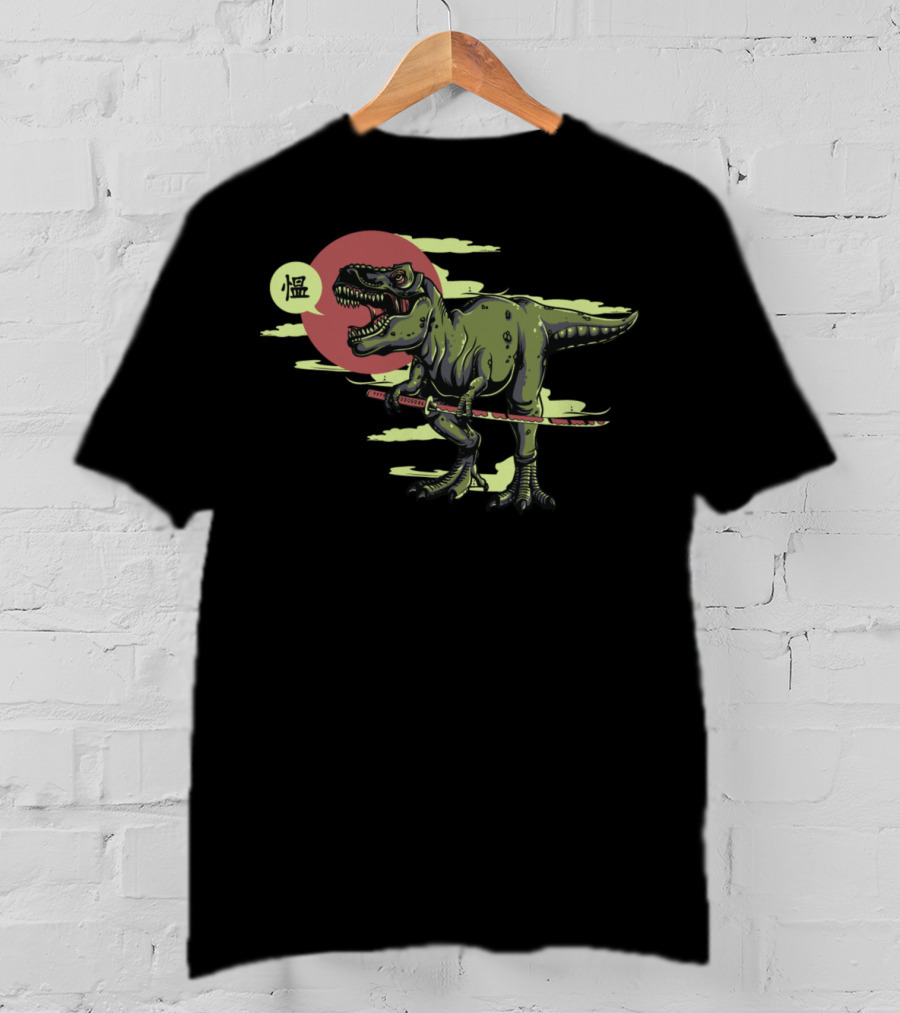 T Rex Dinosaur Samurai With Katana And Japanese T-Shirt