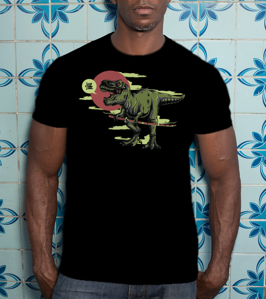T Rex Dinosaur Samurai With Katana And Japanese T-Shirt