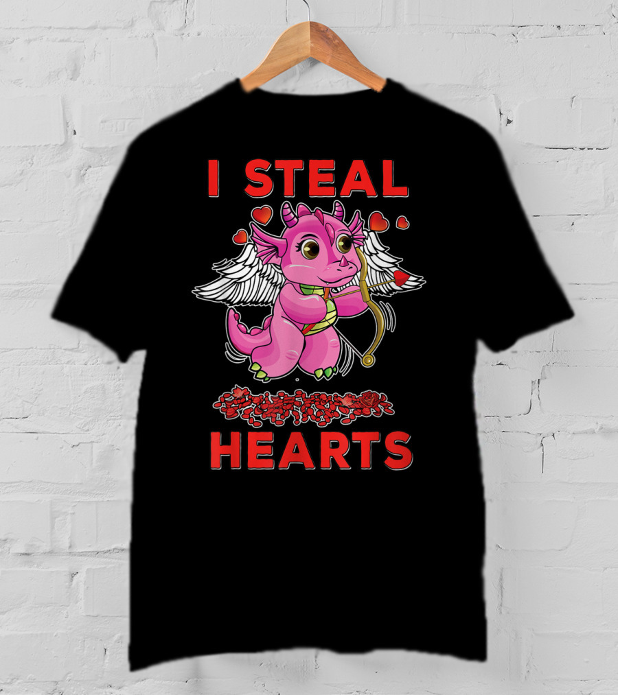 I Steal Hearts Valentine's Day Cute Cupid Dragon Girl With Bow And Roses T-Shirt