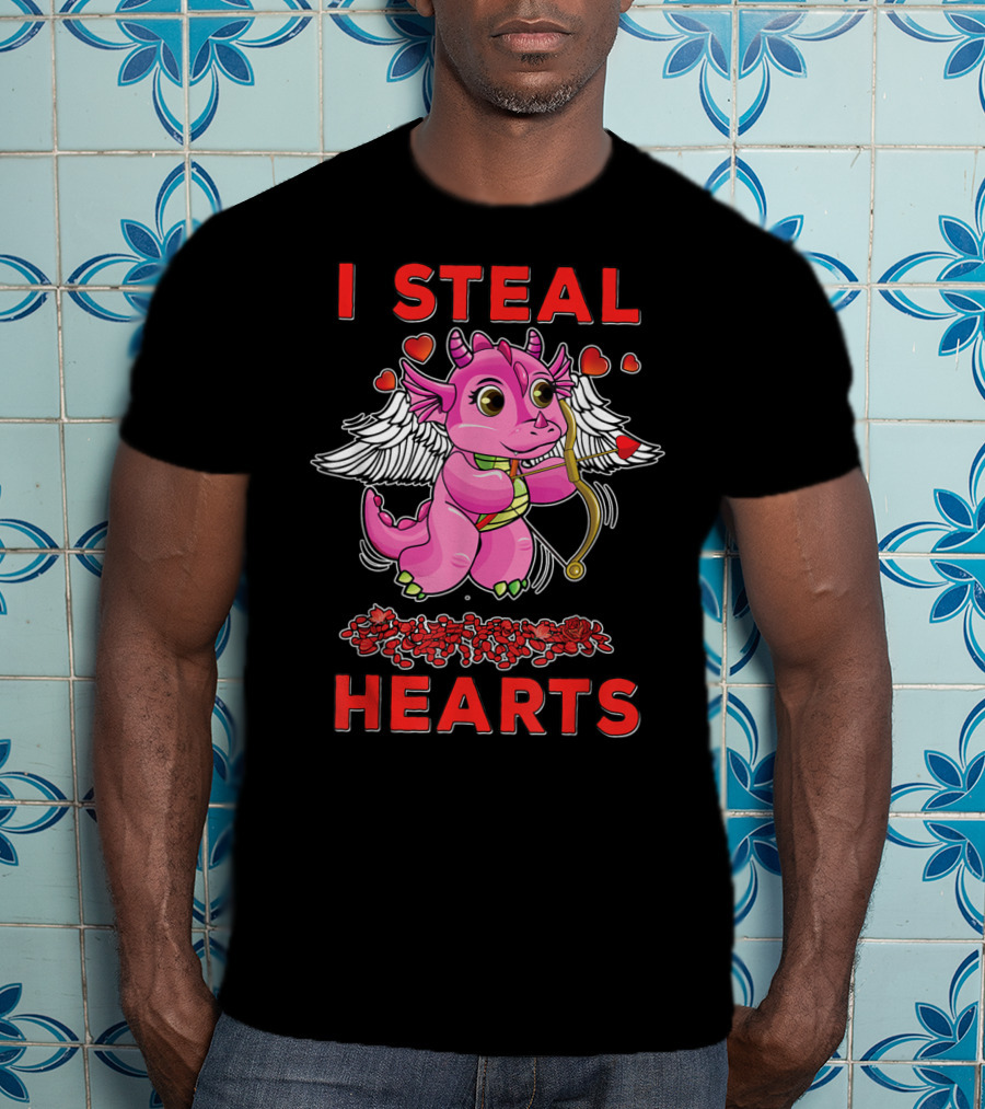 I Steal Hearts Valentine's Day Cute Cupid Dragon Girl With Bow And Roses T-Shirt