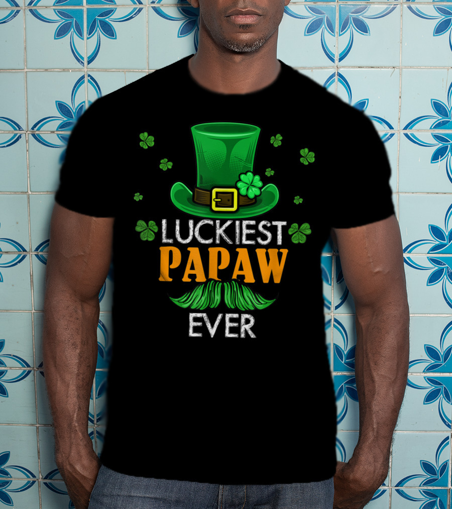 Luckiest Papaw Ever Green Leprechaun Hat Shamrocks T-Shirt
