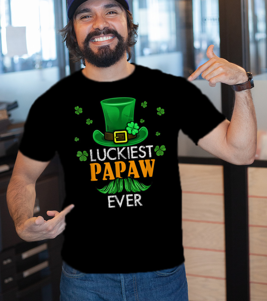Luckiest Papaw Ever Green Leprechaun Hat Shamrocks T-Shirt