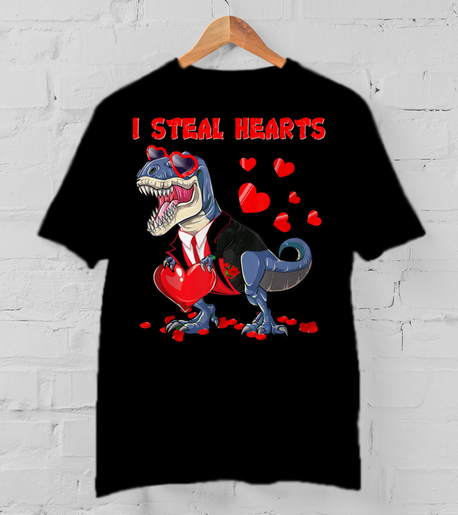 I Steal Hearts Valentines Day Dinosaur In Tuxedo With Hearts T-Shirt