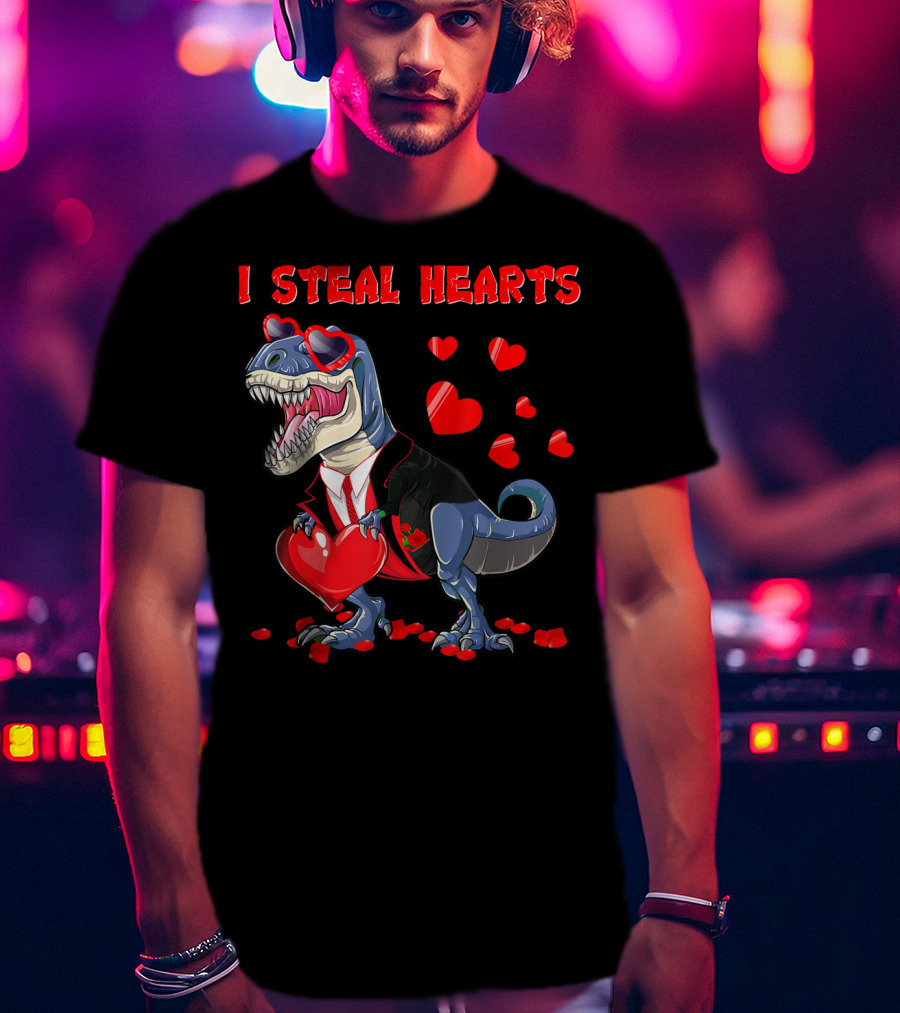 I Steal Hearts Valentines Day Dinosaur In Tuxedo With Hearts T-Shirt