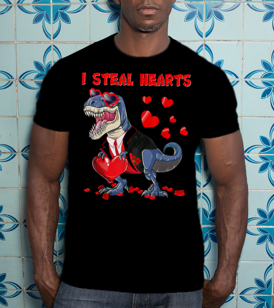 I Steal Hearts Valentines Day Dinosaur In Tuxedo With Hearts T-Shirt