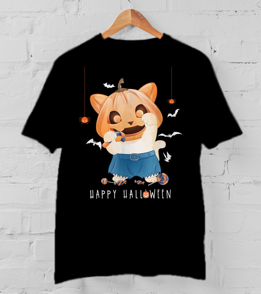 Happy Halloween Pumpkin Cat With Candy And Bats T-Shirt
