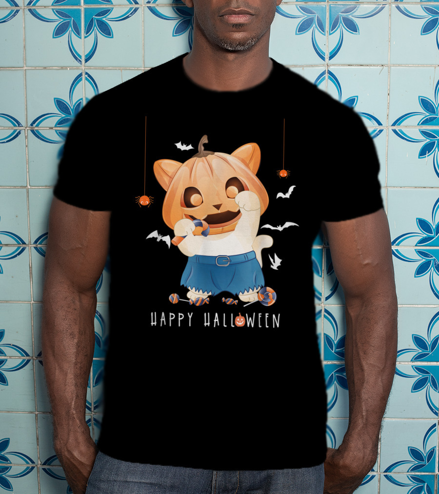 Happy Halloween Pumpkin Cat With Candy And Bats T-Shirt