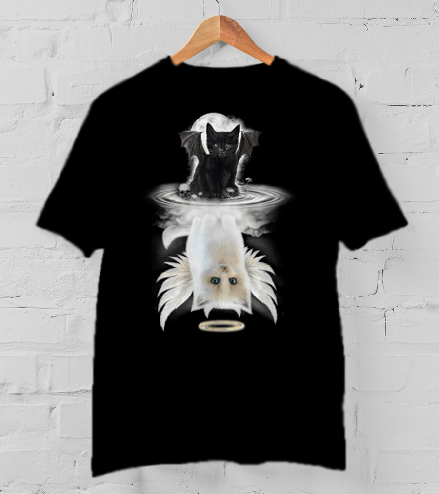 Black Cat Devil With Wings White Cat Angel With Halo Reflection Moon Skulls T-Shirt