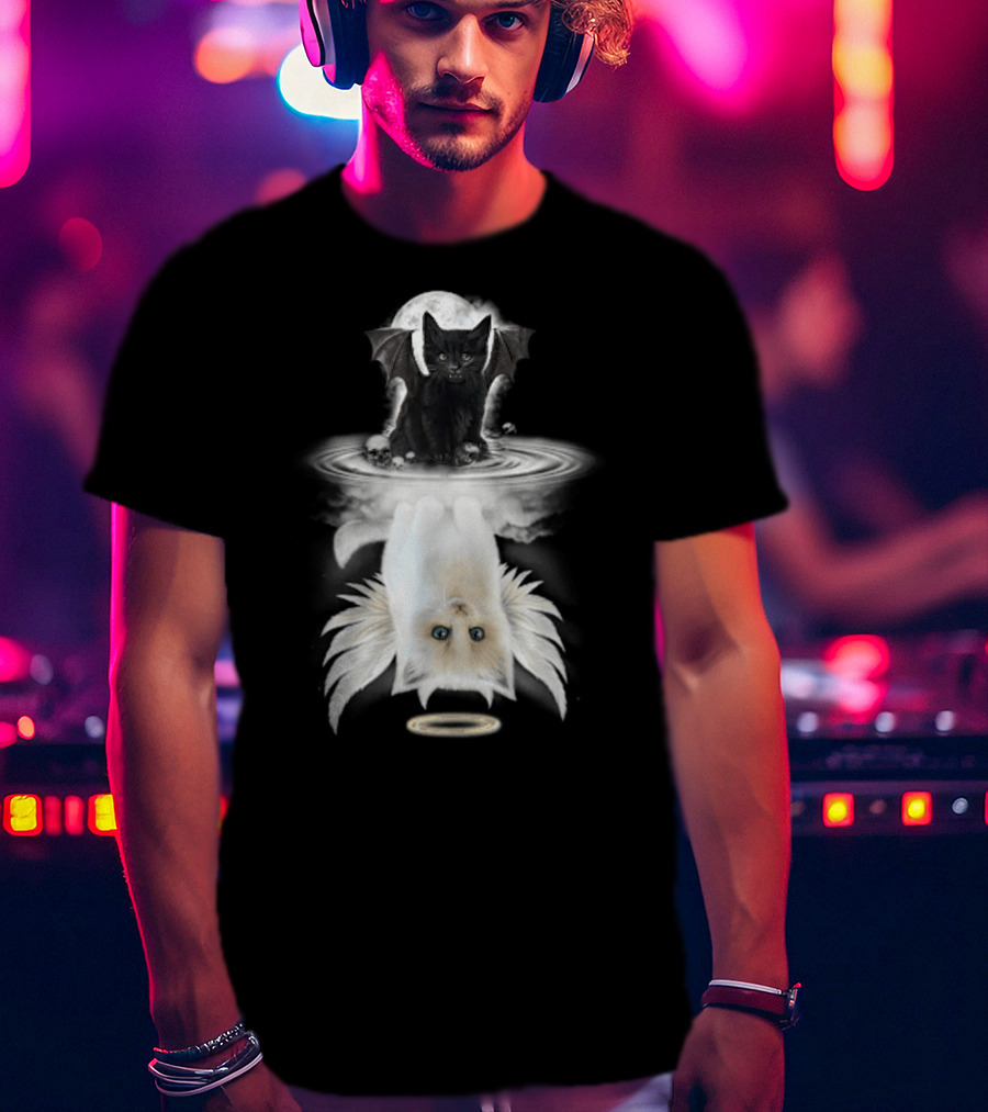 Black Cat Devil With Wings White Cat Angel With Halo Reflection Moon Skulls T-Shirt