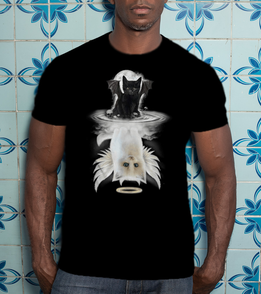 Black Cat Devil With Wings White Cat Angel With Halo Reflection Moon Skulls T-Shirt