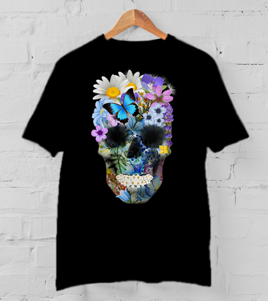 Halloween Floral Sugar Skull With Colorful Flowers And Butterfly T-Shirt
