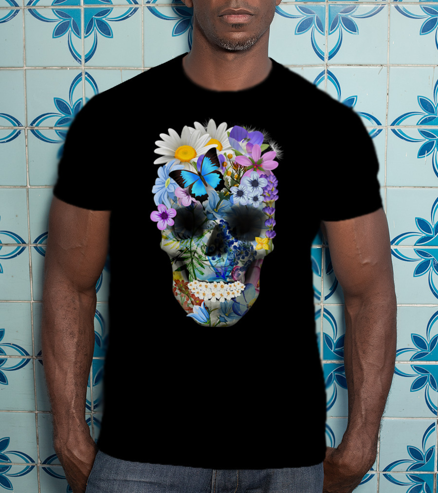 Halloween Floral Sugar Skull With Colorful Flowers And Butterfly T-Shirt