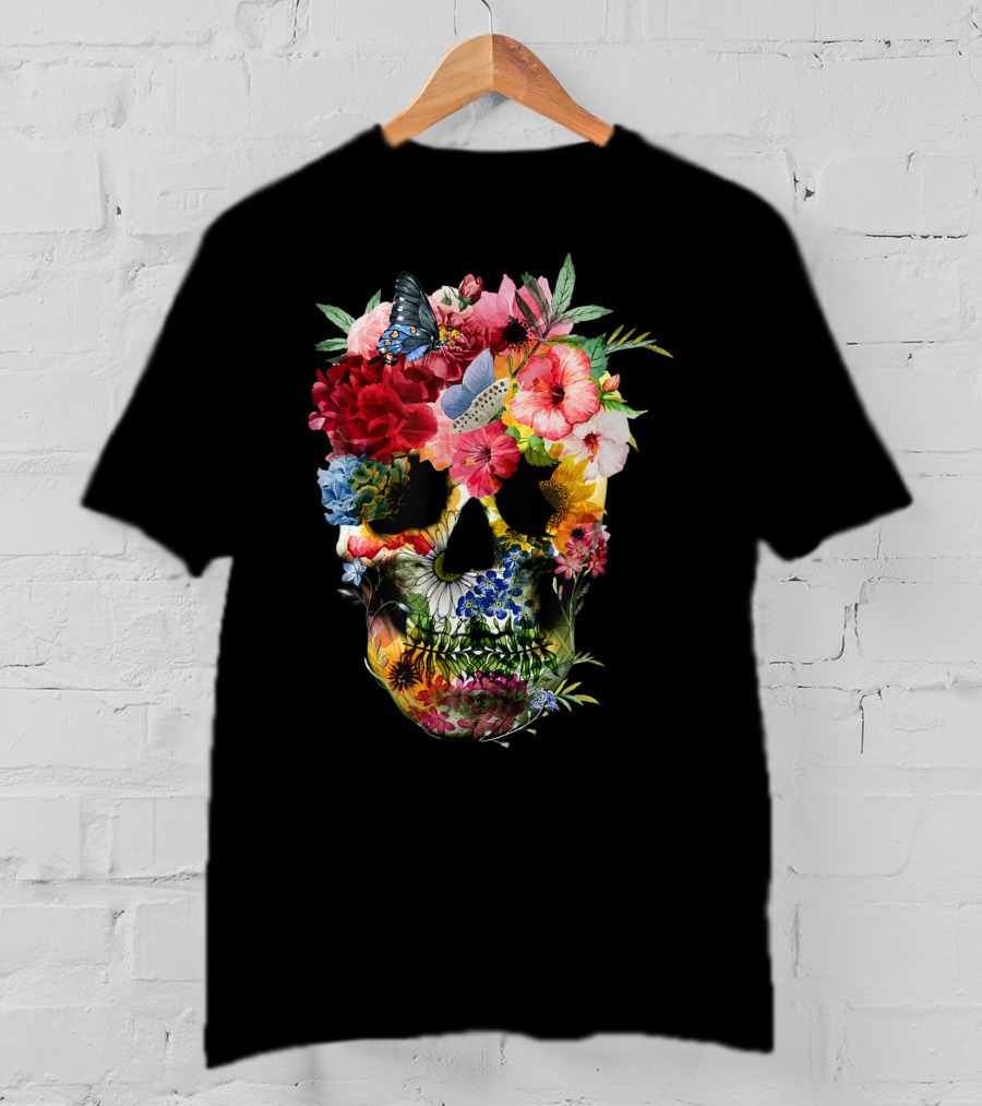 Floral Sugar Skull Butterfly Garden Bouquet T-Shirt