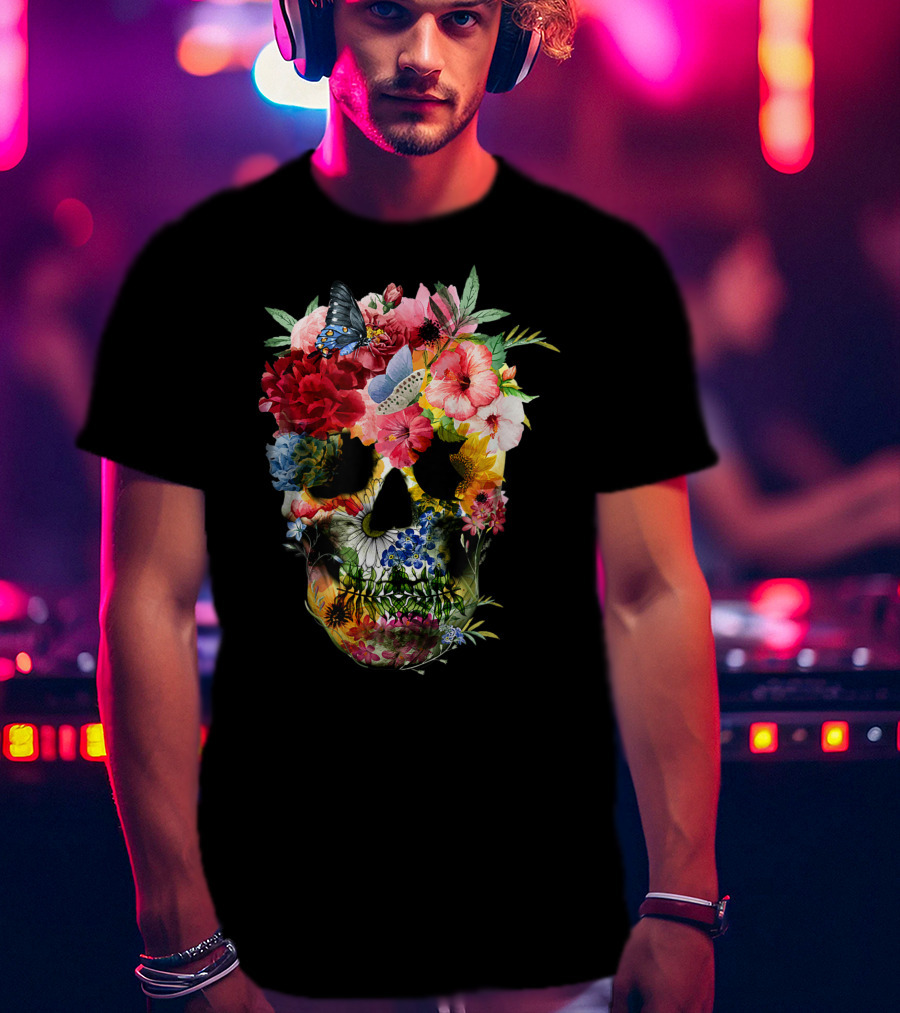 Floral Sugar Skull Butterfly Garden Bouquet T-Shirt