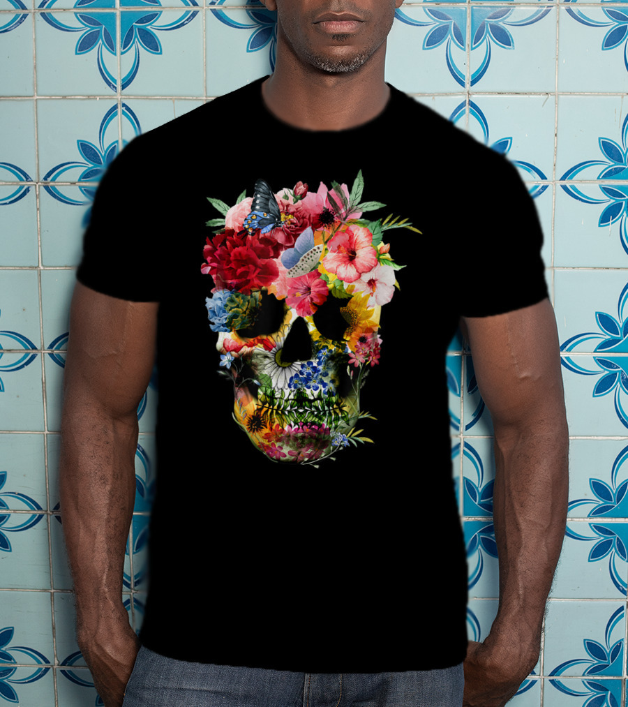 Floral Sugar Skull Butterfly Garden Bouquet T-Shirt