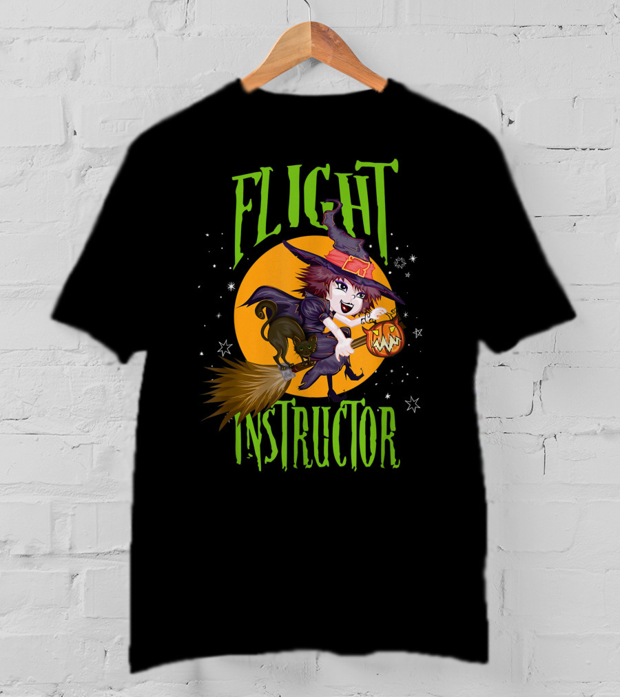 Flight Instructor Witch Broomstick Halloween Cat And Pumpkin Magic Stars T-Shirt