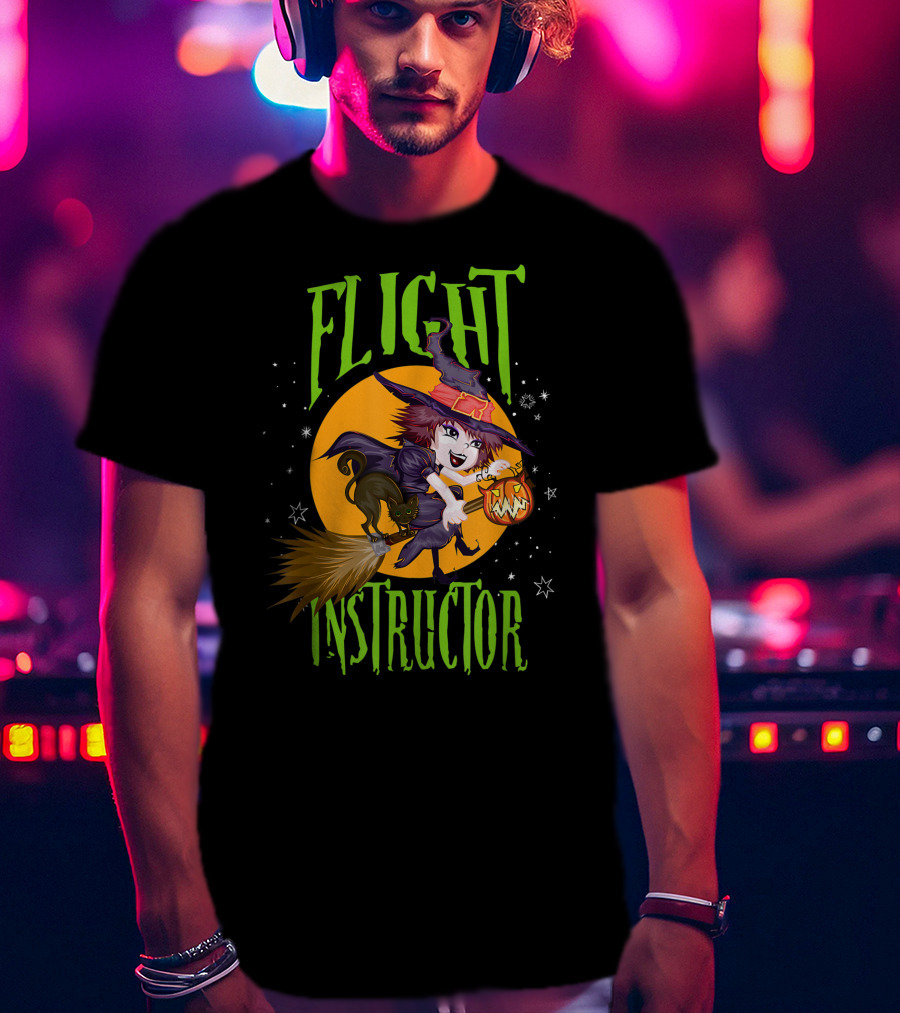 Flight Instructor Witch Broomstick Halloween Cat And Pumpkin Magic Stars T-Shirt