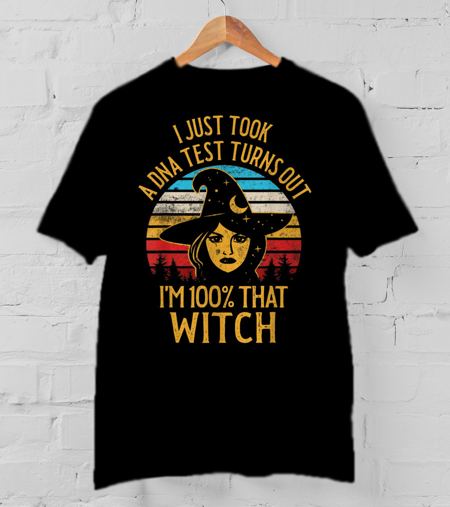 I Just Took A DNA Test Turns Out I'm 100 Percent That Witch Retro Witch Hat Moon Stars Vintage Sunset T-Shirt