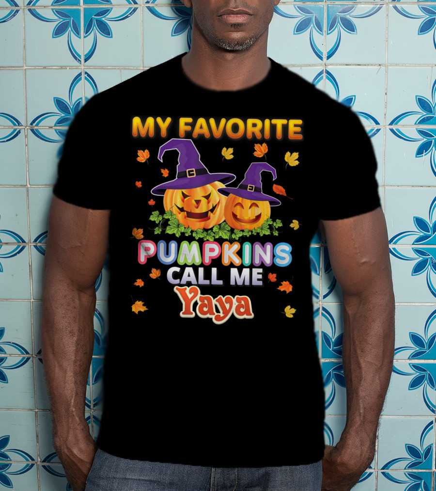 My Favorite Pumpkins Call Me Yaya Halloween Jack O' Lanterns With Witch Hats And Autumn Leaves T-Shirt