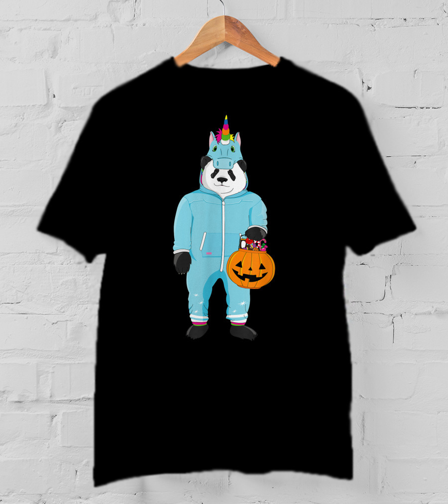 Panda Wearing Unicorn Costume Holding Spooky Pumpkin Lantern In Halloween T-Shirt