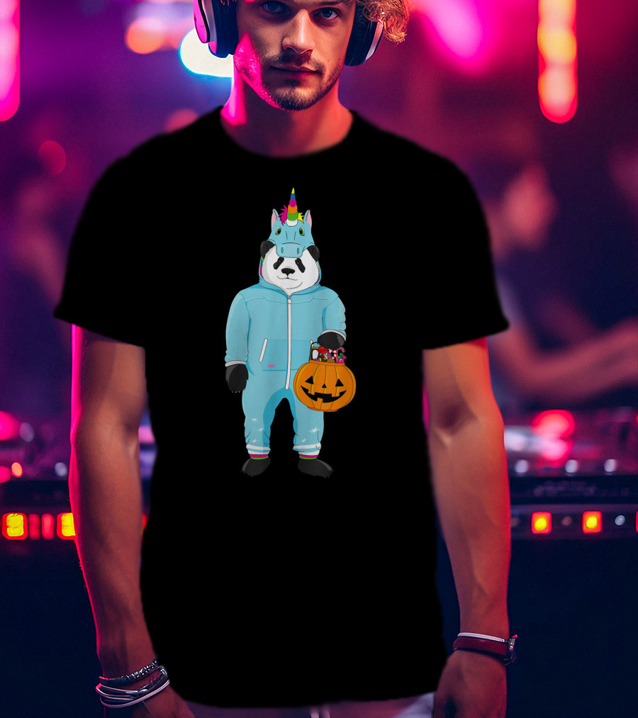 Panda Wearing Unicorn Costume Holding Spooky Pumpkin Lantern In Halloween T-Shirt