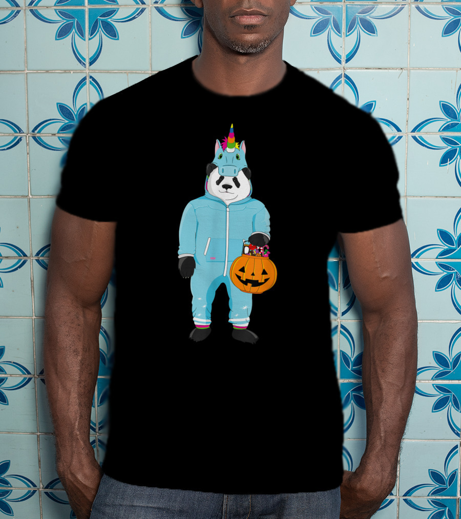 Panda Wearing Unicorn Costume Holding Spooky Pumpkin Lantern In Halloween T-Shirt