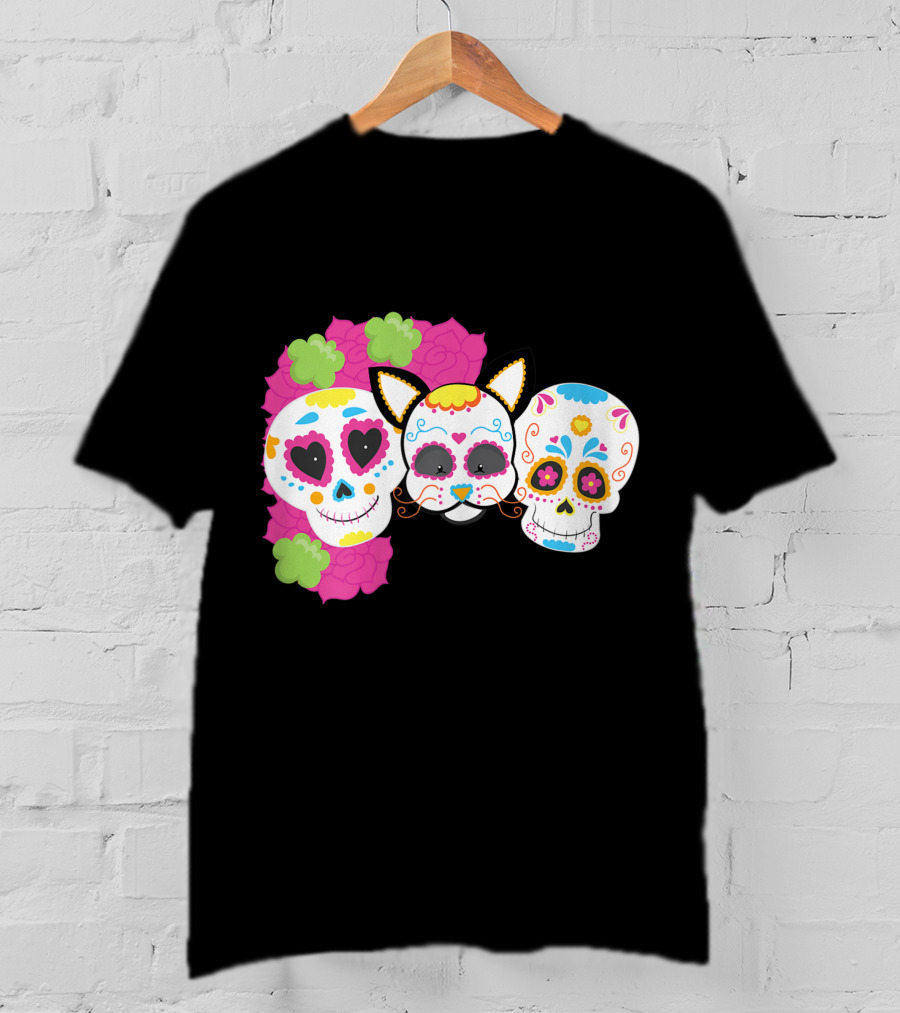 Sugar Skull Cat With Flowers Day Of Dead Floral Skulls T-Shirt