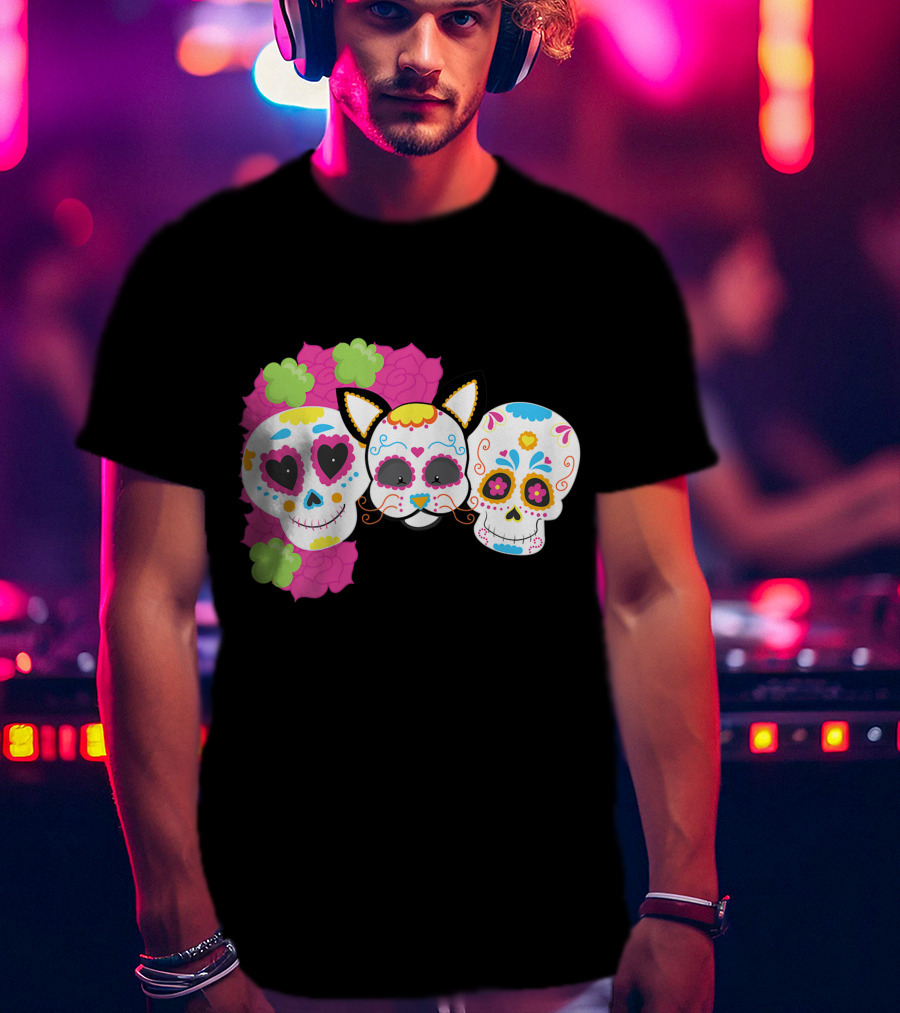 Sugar Skull Cat With Flowers Day Of Dead Floral Skulls T-Shirt