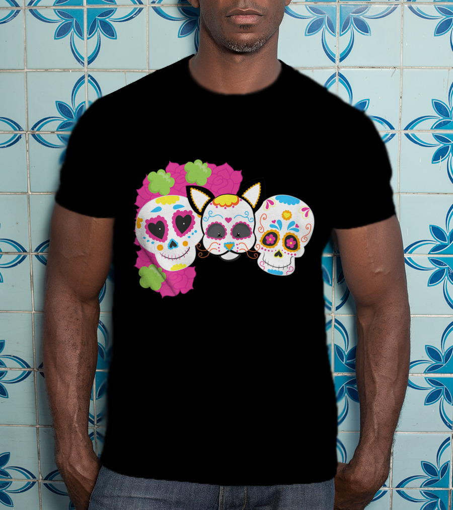 Sugar Skull Cat With Flowers Day Of Dead Floral Skulls T-Shirt