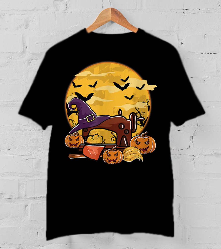 Spooky Sewing Machine With Halloween Pumpkins And Witch Hat In Full Moon Bat Swarm T-Shirt