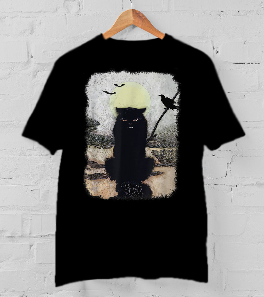 Moonlit Spooky Halloween Scary Black Cat With Bats And Crow T-Shirt