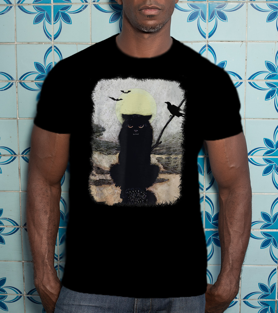 Moonlit Spooky Halloween Scary Black Cat With Bats And Crow T-Shirt