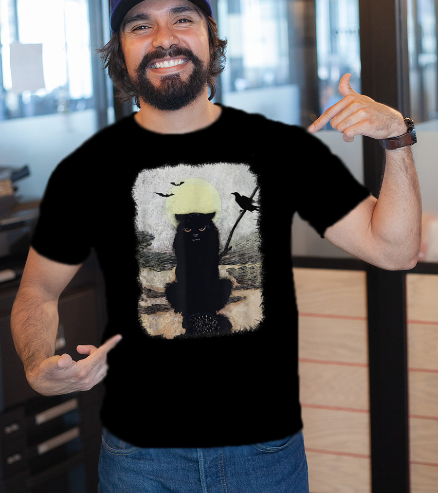 Moonlit Spooky Halloween Scary Black Cat With Bats And Crow T-Shirt