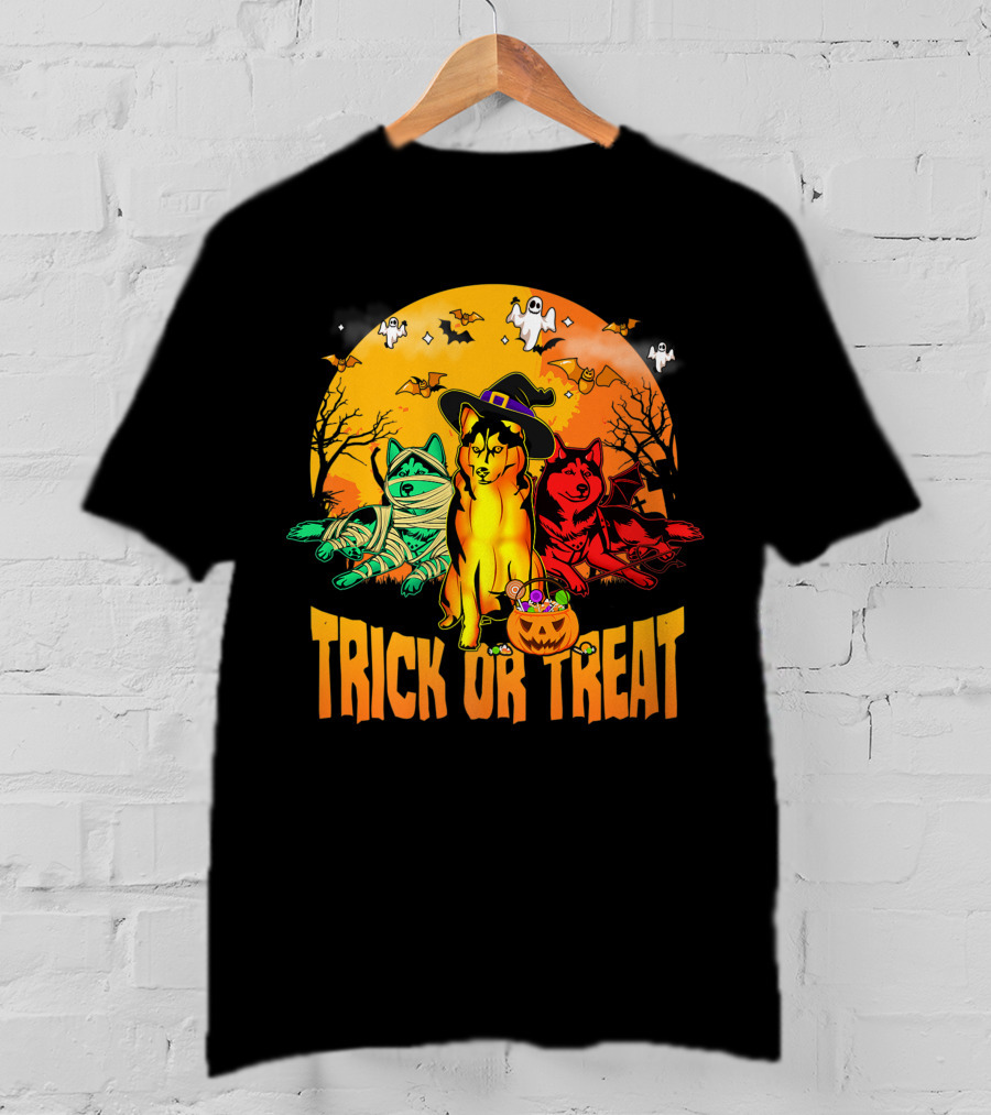 Trick Or Treat Siberian Husky Halloween Ghosts Pumpkins And Bats T-Shirt