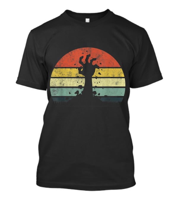 Vintage Retro Scary Zombie Hand Rising In Striped Sunset Background T-Shirt