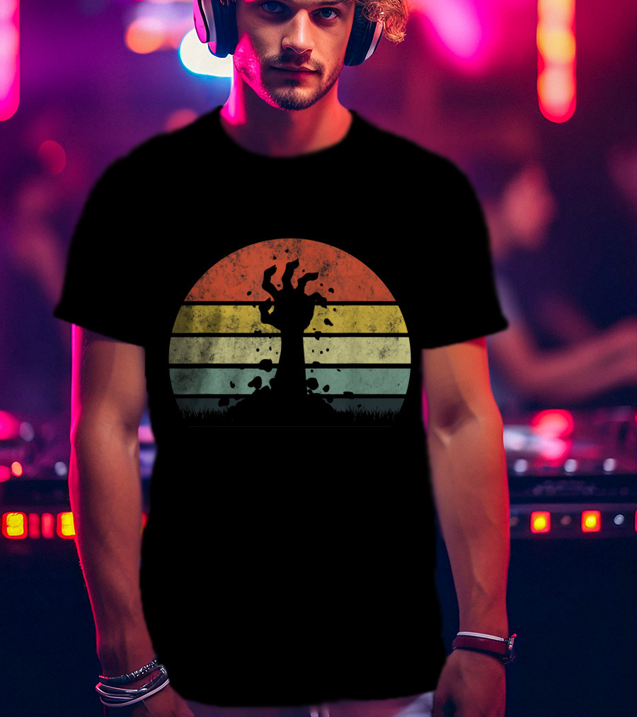Vintage Retro Scary Zombie Hand Rising In Striped Sunset Background T-Shirt