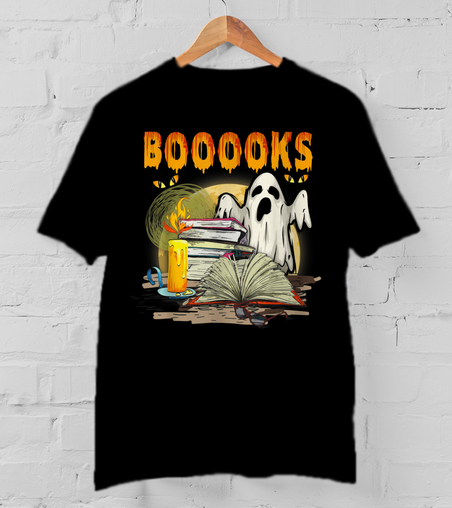 BOOOOKS Cute Ghost With Candles And Stacks Of Books T-Shirt