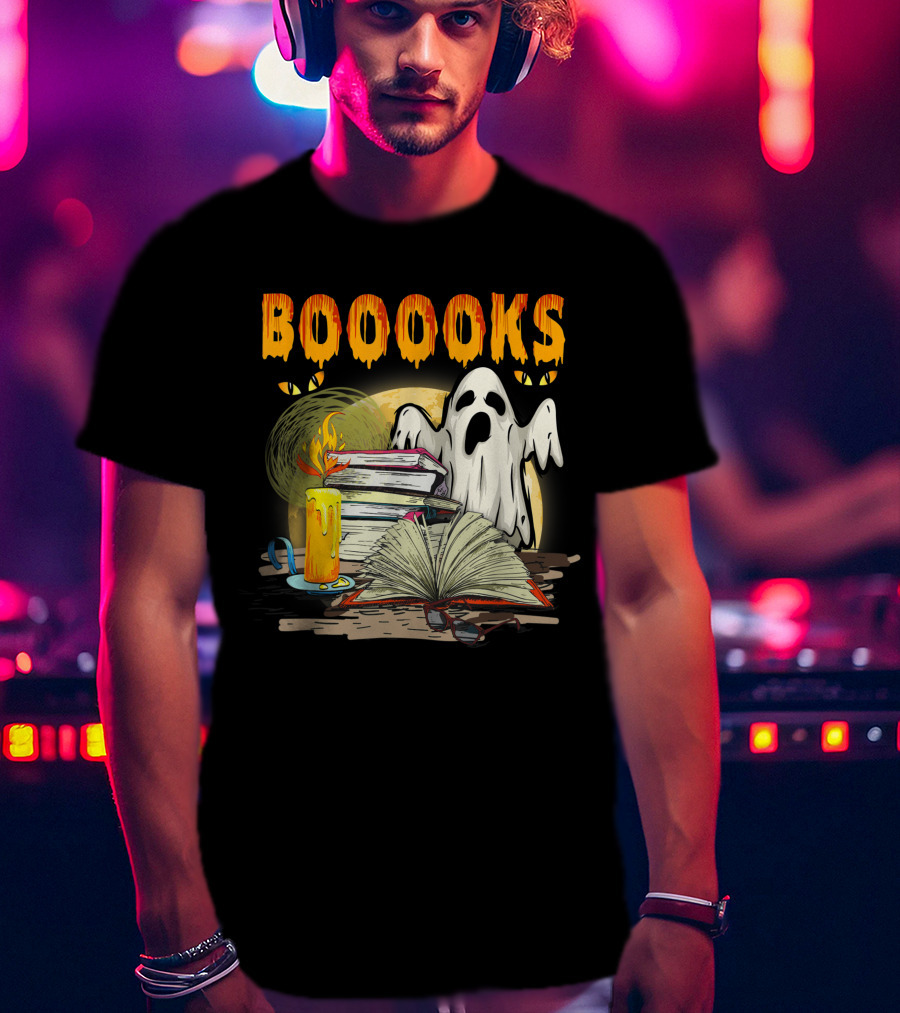 BOOOOKS Cute Ghost With Candles And Stacks Of Books T-Shirt